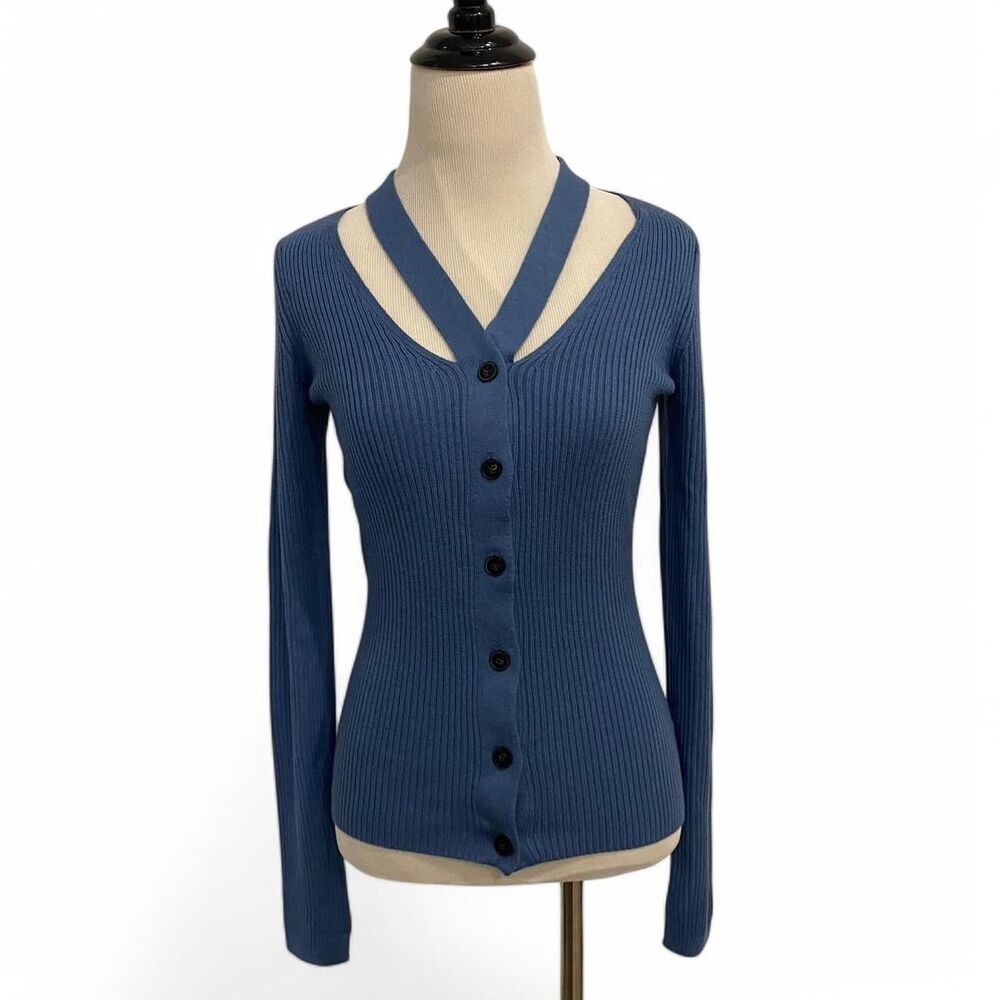 Naadam Light blue ribbed knit cardigan with buttons and cut-out neckline
